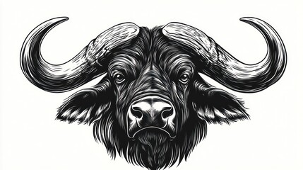 Detailed buffalo head drawing. Powerful animal portrait