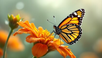 Fototapeta premium Macro shot of a butterfly resting on a bright flower, vivid and sharp details .