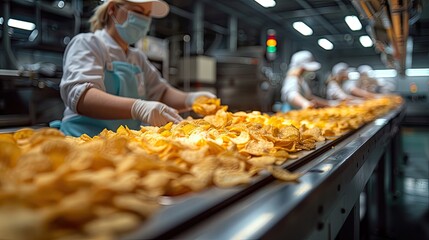 Snack packaging factory with workers inspecting potato chips being sealed into bags, high-speed machinery ensuring efficiency, automated weighing systems.