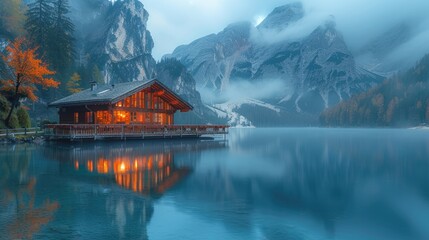 Fototapeta premium Tranquil Floating Cabin on Serene Lake Surrounded by Majestic Mountains at Dawn with Mist and Calm Waters.