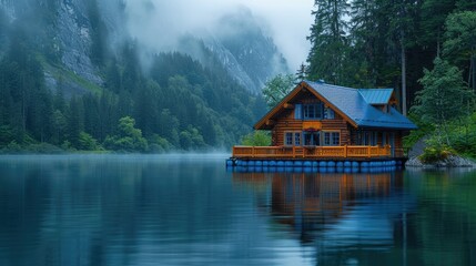 Fototapeta premium Tranquil Floating Cabin on Serene Lake Surrounded by Majestic Mountains at Dawn with Mist and Calm Waters.