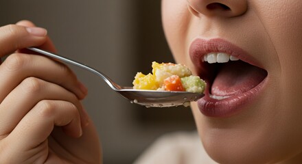 Woman Eating Colorful Vegetables from a Spoon Close Up