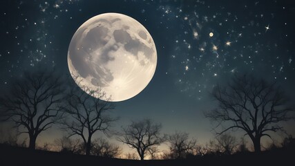 Fototapeta premium Serene Night Scene with Majestic Moon and Silhouetted Trees