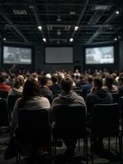 A large group of people seated watching some kind on screen.