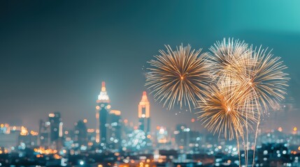 Obraz premium Golden fireworks light up night sky over vibrant cityscape, creating festive and celebratory atmosphere