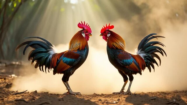Dual Roosters in Sunlit Dust