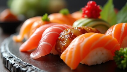 Macro Shot of Sushi Rolls – Detailed Close-Up of Traditional Japanese Food with Fresh Ingredients and Elegant Presentation