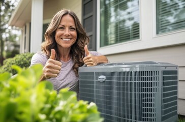 Fototapeta premium Female homeowner giving a thumbs-up to air conditioner,