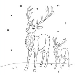 Winter Reindeer Family Scene Coloring Page.