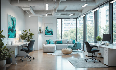 Fototapeta premium AI-assisted creative workspace with digital design tools, ergonomic seating, and minimalist furniture. The room features sleek desks, comfortable chairs,