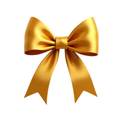 A shiny golden bow with a knot in the center and ribbon tails against  for decoration isolated on transparent backgruond