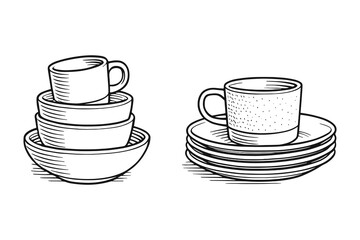 Neat Stack of Dishes and Mugs: Artistic Engraving Kitchenware