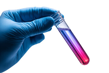 Gloved Hand Holding Test Tube with Pink and Blue Liquid, PNG