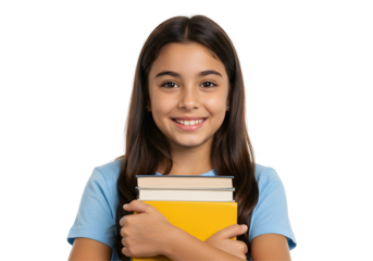 Smiling Girl Holding Books on Transparent Background