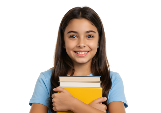 Smiling Girl Holding Books on Transparent Background