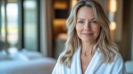 Fototapeta premium Serene Middle-Aged Woman in Luxurious Hotel Room, Radiating Calm and Relaxation