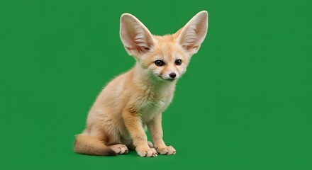 Alert Fennec Fox Kit, Large Ears, Beige Fur, Isolated on Green Background.