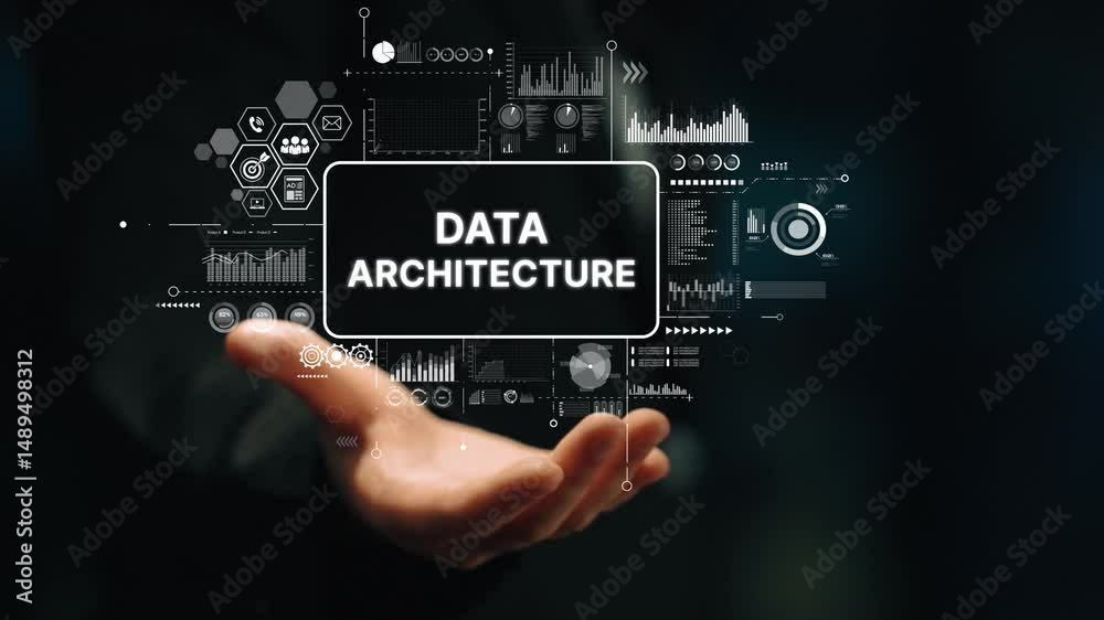 Poster hand holding graphic of data architecture with modern charts and symbols representing technology con
