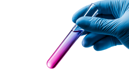 Gloved Hand Holding Test Tube with Pink and Purple Liquid, PNG