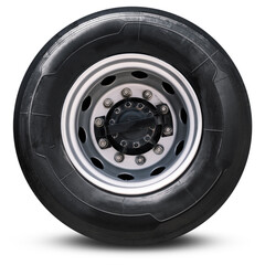 Fototapeta premium Big Truck Wheels Tire on White Background, Chrome Rims, Alloy Wheels. Big rig, Semi Trailer Truck Wheels. Freight Truck Logistics Transport. 