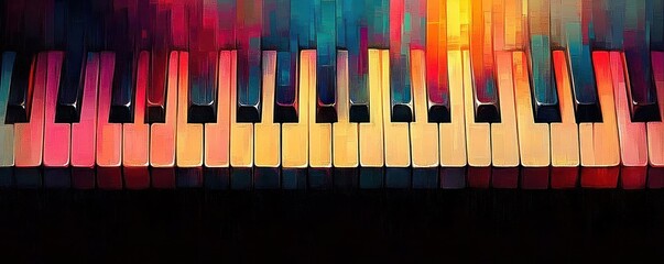Close-up of a colorful piano keyboard with vibrant gradients of warm and cool tones creating an artistic and lively visual effect
