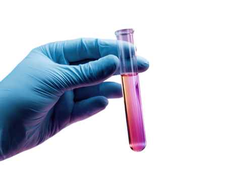 Gloved Hand Holding Test Tube with Pink Liquid Against Transparent Background, PNG