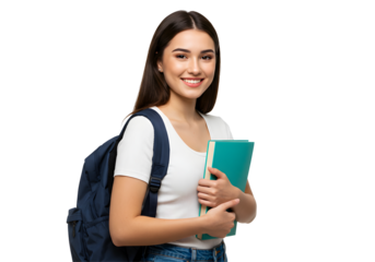 Smiling Student Holding Book with Backpack Isolated on Black