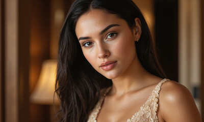 Fine silk bralette with scalloped lace edges, gold accents along the straps, and a subtle sheen that catches the light.