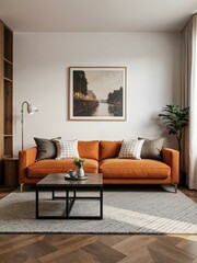 A living room with orange couch and large painting of canal scene on wall.