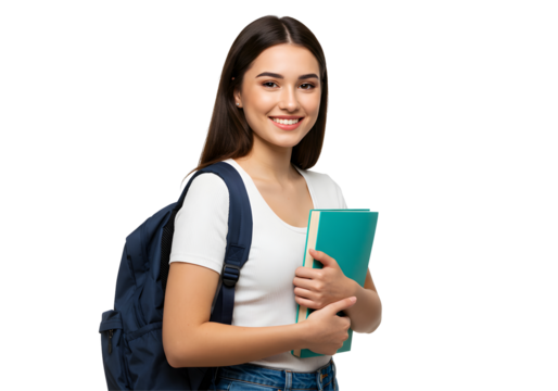 Smiling Student Holding Book with Backpack Isolated on Black
