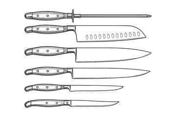 Detailed Sketch of Kitchen Knife Set: Butcher, Chef, Slicer, Utility, Boning, Paring