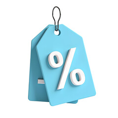 Two light blue tags with a white percentage sign hanging from a metal clip  isolated on transparent backgruond