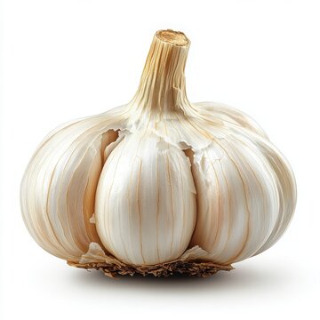 A single bulb of garlic with white cloves and a yellowish stem on white background