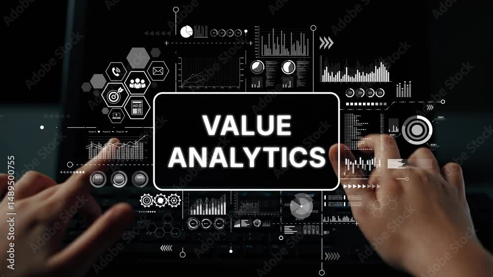 Poster Hands Typing on Keyboard with Value Analytics Concept, Digital Data Visualization, Modern Technology Background. Asymptotic smart data analytic.