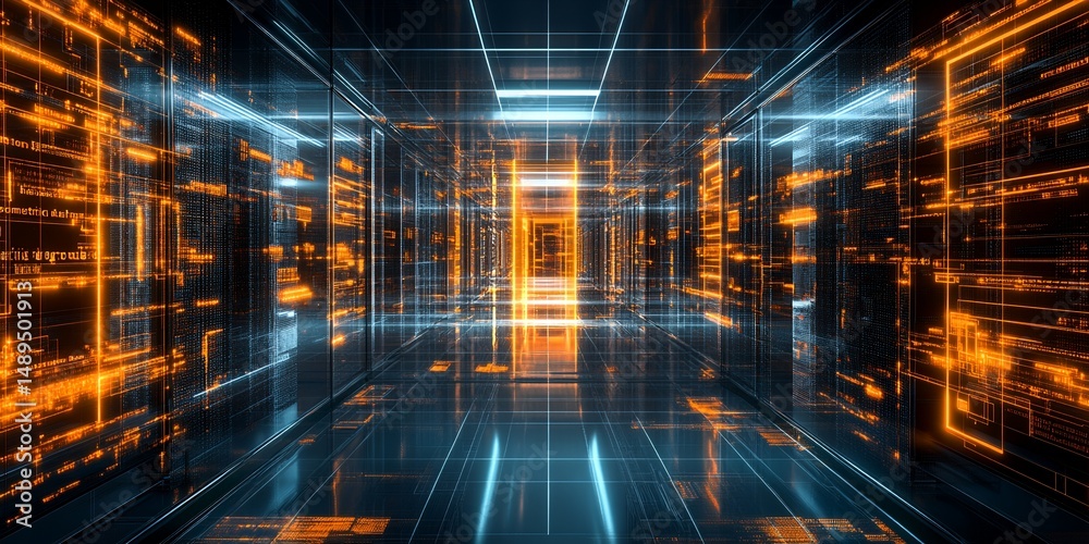 Poster futuristic digital corridor glowing with orange and blue neon lights data streams and binary code ab