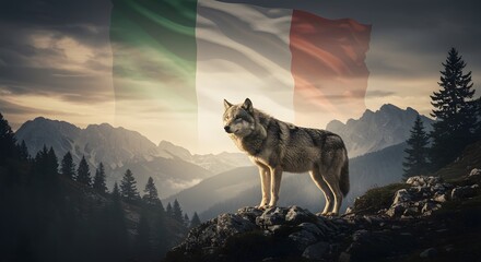 Italian Wolf: Mountain Peak, National Flag, Scenic Landscape.