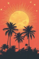 Silhouettes of tall palm trees against a large glowing golden sun with radiating rays and twinkling stars on a warm orange sky background