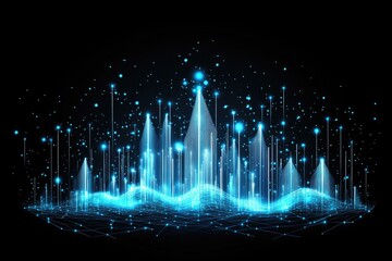Abstract digital city landscape with glowing lines and points.  A futuristic cityscape visualized with vibrant blue light trails and data points, suggesting growth, technology, and connectivity
