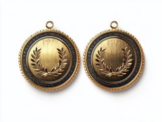 Two gold and black round medals featuring laurel wreath designs symbolizing victory and achievement on a white background