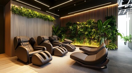 Fototapeta premium Indoor Relaxation Area with Massage Chairs and lush green vertical garden wall