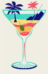 Tropical Beach Cocktail Martini Glass Illustration