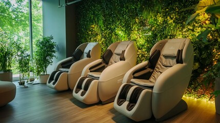 Three massage chairs positioned against a green wall with a large window on the left