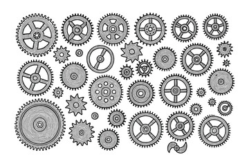 Intricate Collection of Hand-Drawn Cogwheels: Technical Illustrations Set on White