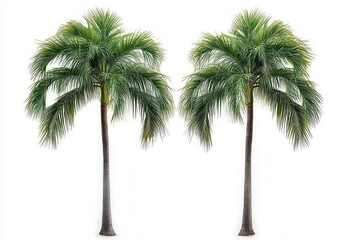 Two tall palm trees with lush green fronds isolated on a white background