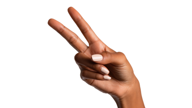 A close-up view of a hand displays the universally recognized peace sign gesture, conveying messages of hope and harmony against a clean backdrop. - Powered by Adobe