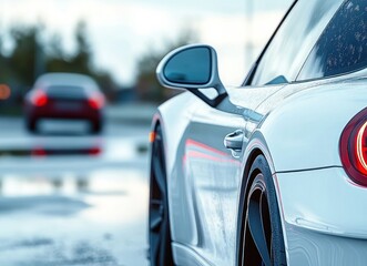 Close-up view of a sleek white sports car with water droplets on its surface parked on a wet road with blurred car in the background creating a calm and fresh atmosphere