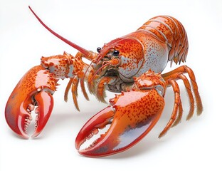close-up of a bright orange and red lobster with large claws and detailed textures on a white background