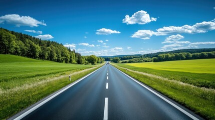 Fototapeta premium Endless Summer Road Trip: Asphalt Pathway Through Lush Green Fields