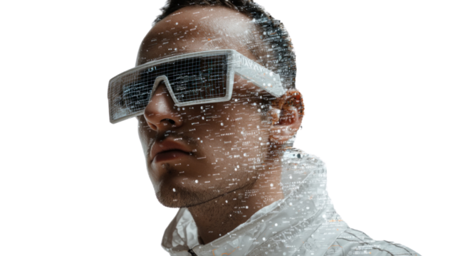 Visionary Vanguard: A futuristic figure, adorned with avant-garde eyewear, gazes into the unknown with a determined gaze, embodying innovation and a forward-thinking mindset. 