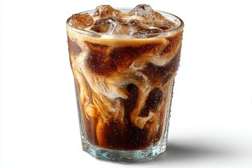 A glass of iced coffee with milk swirls and condensation, isolated on plain white background for cafe branding